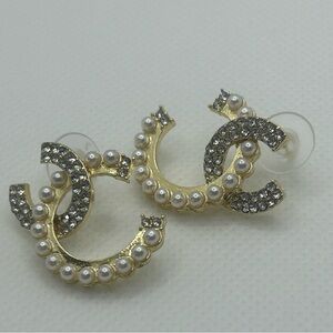 Elegant Double CC Gold Silver Tone with Faux Rhinestone & Peal Accent Earrings